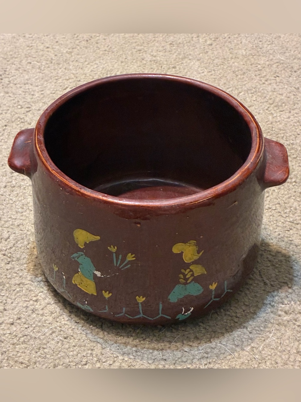 Vintage 1950s BEAN POT Boy Girl Tulips Brown Glaze Hand Painted West Bend MCM